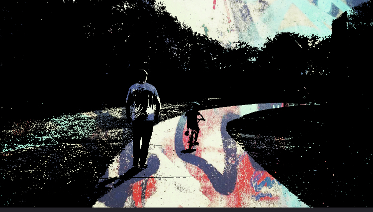A child riding a bike along the path. An adult is behind the child. Artistic impression, black, white, blue and red image.